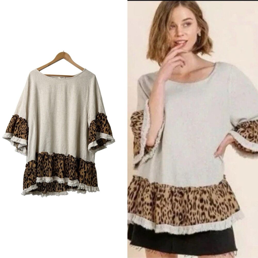 Umgee Boho Linen Blend Tunic Top Leopard Print Bell Sleeve Fringe Ruffle Hem L